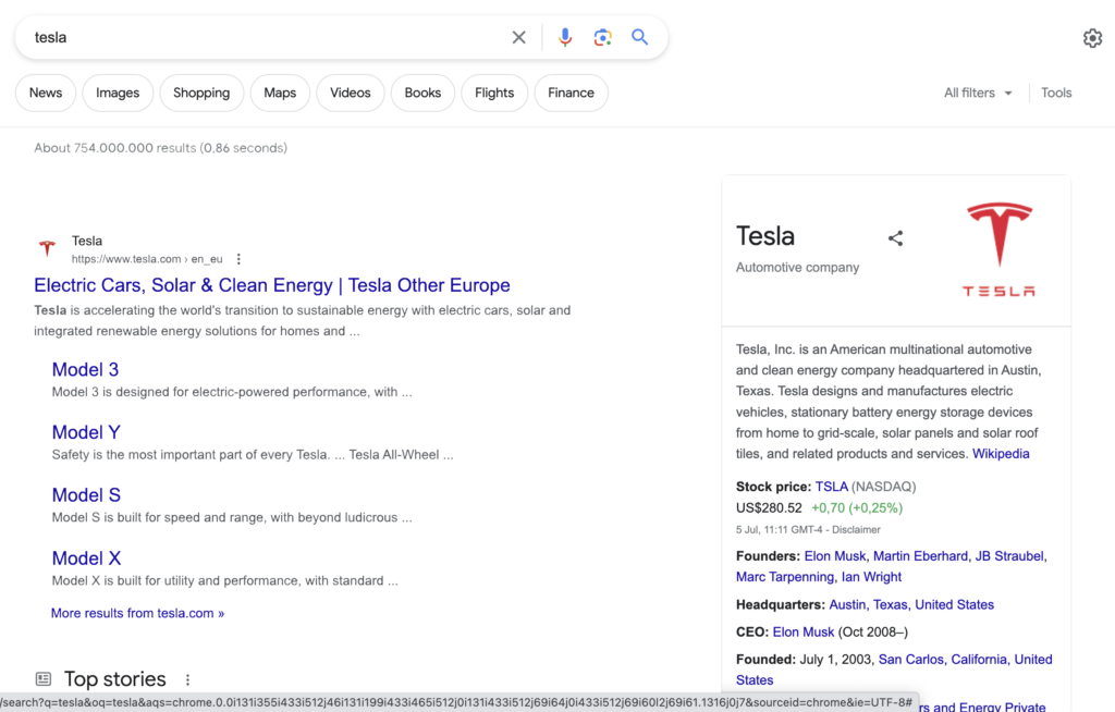 Search results on Tesla